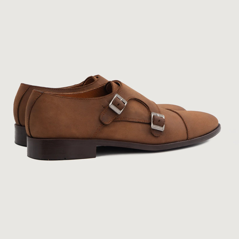 Boston Double Monk Strap Oil Pull-up بني Leather Shoes رجالي