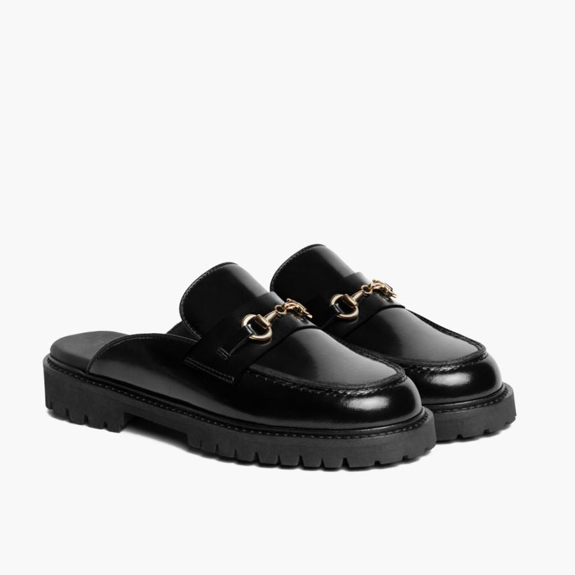 Penny Mule أسود & Gold Leather Loafers نسائي