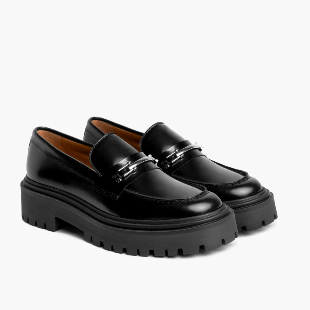 Penny Platform أسود & Silver أحذية لوفر جلدية بدون كعب نسائي جلد بقر طبيعي أسود فاخر - عرض جانبي | شراء أونلاين عبر المتجر الرسمي