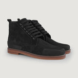 Carnell Moc Toe Black Suede Boots in Distressed Black Goatskin Suede - Lateral Side Profile View | Buy Online