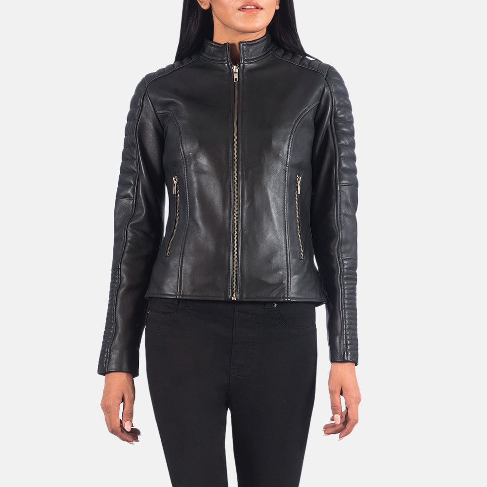 
Black Sheepskin Leather Biker Jacket - عرض خلفي يوضح تفصيل الأكتاف المتقن والحاشية النظيفة