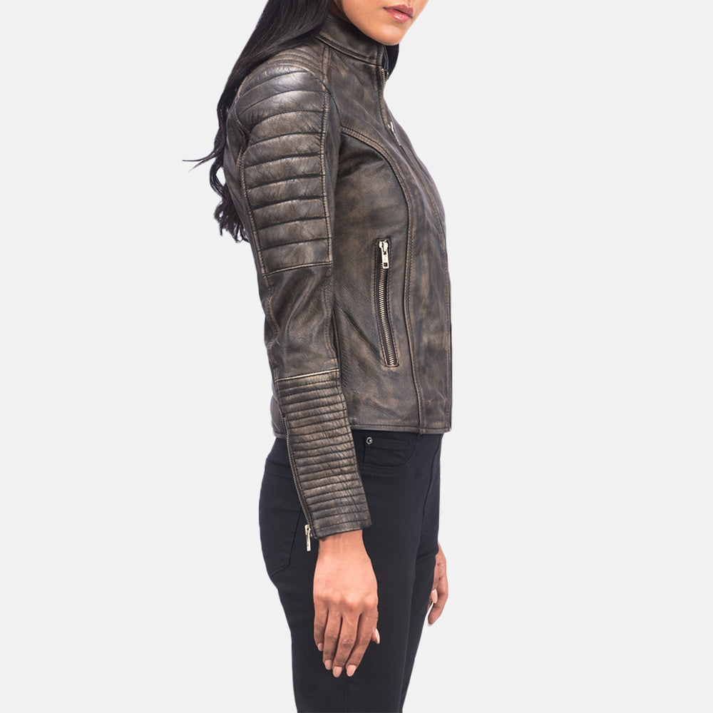 
Distressed Brown Goatskin Leather Biker Jacket - عرض خلفي يوضح تفصيل الأكتاف المتقن والحاشية النظيفة