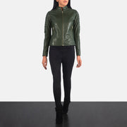 Women's Adalyn مبطن أخضر جاكيت بايكر جلد نسائي - Lateral Side Profile View Showing Sleeve Cut &amp; Athletic Taper Fit