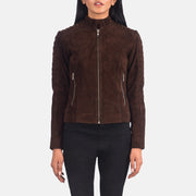 Women's Adalyn مبطن Mocha Suede جاكيت بايكر جلد نسائي in Mocha Brown Goatskin Suede - Front Profile View &amp; Tailored Silhouette | Buy Online