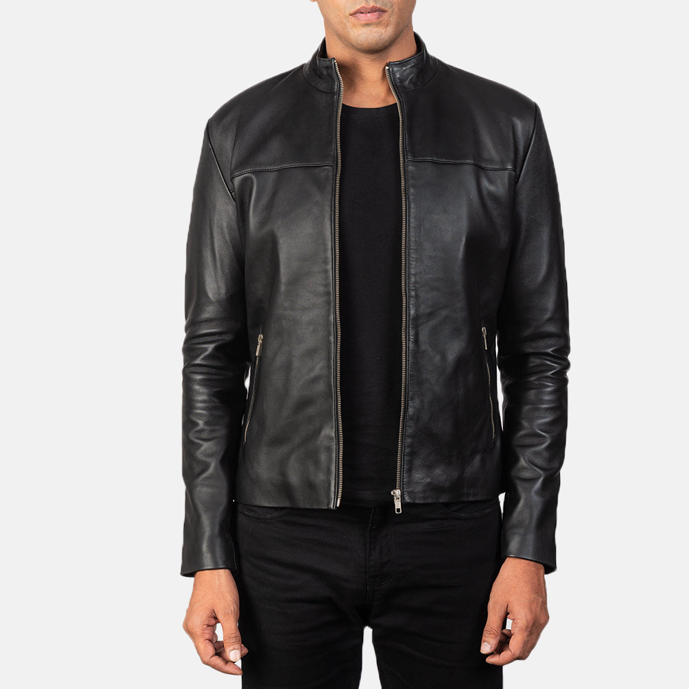 Men's Adornica أسود جاكيت بايكر جلد رجالي in Black Sheepskin Leather - Front Profile View &amp; Tailored Silhouette | Buy Online