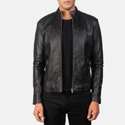 Men's Adornica أسود جاكيت بايكر جلد رجالي in Black Sheepskin Leather - Front Profile View &amp; Tailored Silhouette | Buy Online