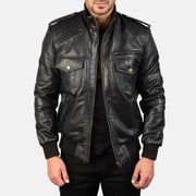 Men's Agent Shadow أسود جاكيت بومبر جلد رجالي in Black Sheepskin Leather - Front Profile View &amp; Tailored Silhouette | Buy Online