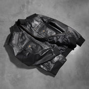 Rib knit &amp; Hem Craftsmanship Construction Detail on Men's Agent Shadow أسود جاكيت بومبر جلد رجالي