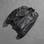 Styled Fit Perspective of Men's Agent Shadow أسود جاكيت بومبر جلد رجالي on Model - Natural Daylight Drape