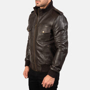 Brown Sheepskin Leather Bomber Jacket - Back View Showing Tailored Shoulder Fit &amp; Clean Hemline