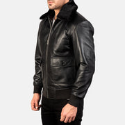 
Black Sheepskin Leather Bomber Jacket - عرض خلفي يوضح تفصيل الأكتاف المتقن والحاشية النظيفة