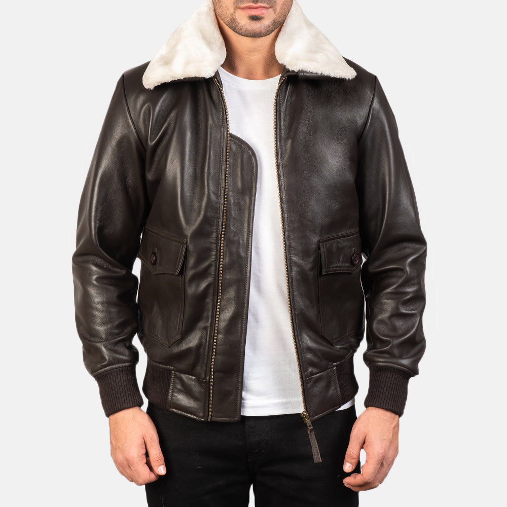Men's Airin G-1 بني جاكيت بومبر جلد رجالي in Brown Sheepskin Leather - Front Profile View &amp; Tailored Silhouette | Buy Online
