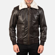 Close-Up Detail of Shirt with Removable Fur &amp; Zipper Hardware on Men's Airin G-1 بني جاكيت بومبر جلد رجالي