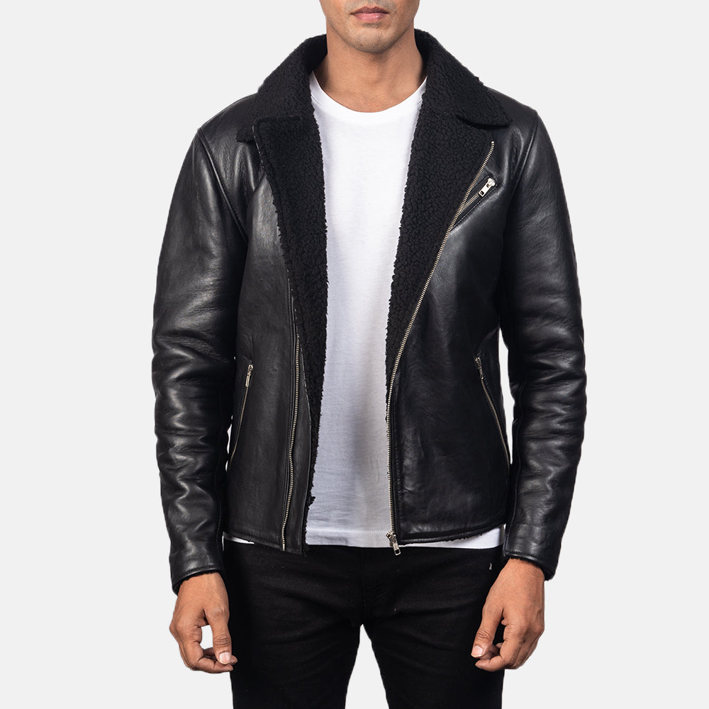 Men's Alberto Shearling أسود جاكيت جلد رجالي in Black Sheepskin Leather - Front Profile View &amp; Tailored Silhouette | Buy Online