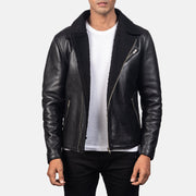 Men's Alberto Shearling أسود جاكيت جلد رجالي in Black Sheepskin Leather - Front Profile View &amp; Tailored Silhouette | Buy Online