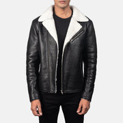 Men's Alberto White Shearling أسود جاكيت جلد رجالي in Black Sheepskin Leather - Front Profile View &amp; Tailored Silhouette | Buy Online