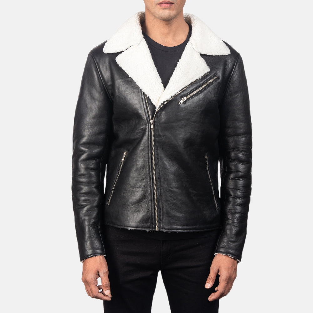 Men's Alberto White Shearling أسود جاكيت جلد رجالي - Lateral Side Profile View Showing Sleeve Cut &amp; Athletic Taper Fit