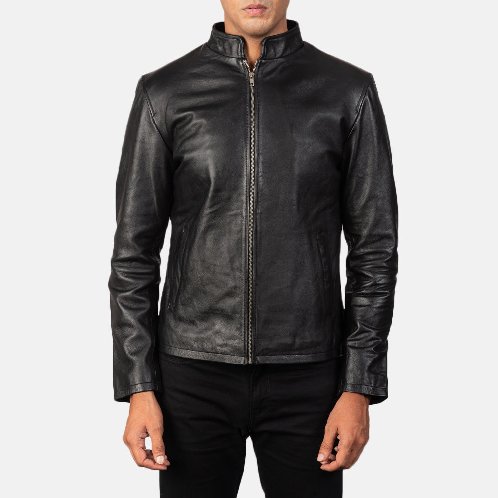 Men's Alex Black Leather Biker Jacket - Lateral Side Profile View Showing Sleeve Cut &amp; Athletic Taper Fit