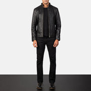 Close-Up Detail of Band &amp; Zipper Hardware on Men's Alex Black Leather Biker Jacket