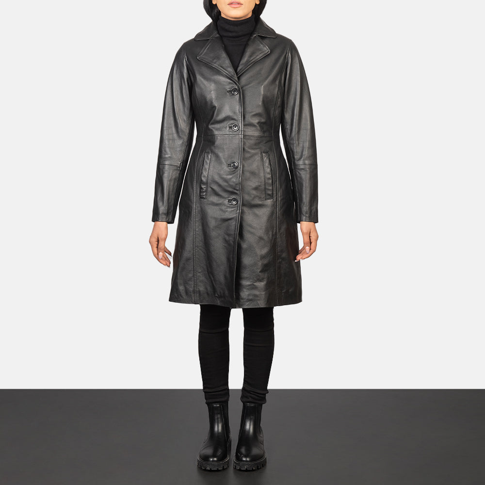 Women's Alexis أسود Single Breasted معطف جلد نسائي in Black Cowhide Leather - Front Profile View &amp; Tailored Silhouette | Buy Online