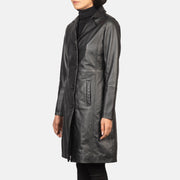 Women's Alexis أسود Single Breasted معطف جلد نسائي - Lateral Side Profile View Showing Sleeve Cut &amp; Athletic Taper Fit