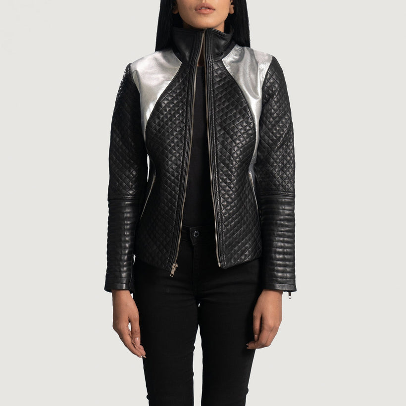 Alia Metallic أسود جاكيت بايكر جلد نسائي
