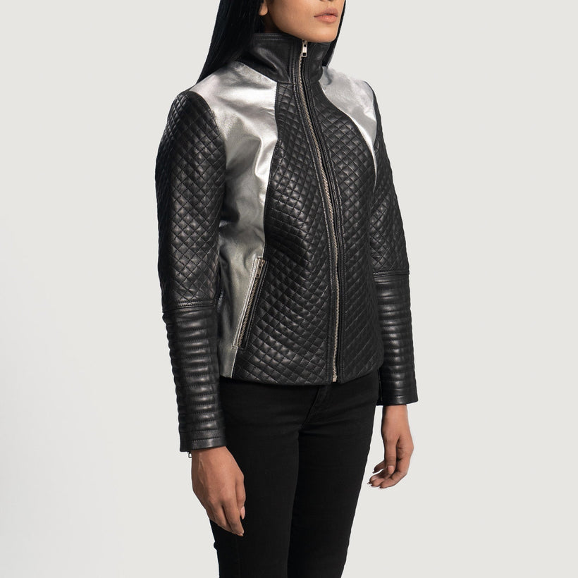 Alia Metallic أسود جاكيت بايكر جلد نسائي