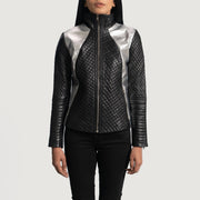 Women's Alia Metallic أسود جاكيت بايكر جلد نسائي - Lateral Side Profile View Showing Sleeve Cut &amp; Athletic Taper Fit