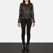 Women's Alison Brown Leather Biker Jacket - Lateral Side Profile View Showing Sleeve Cut &amp; Athletic Taper Fit
