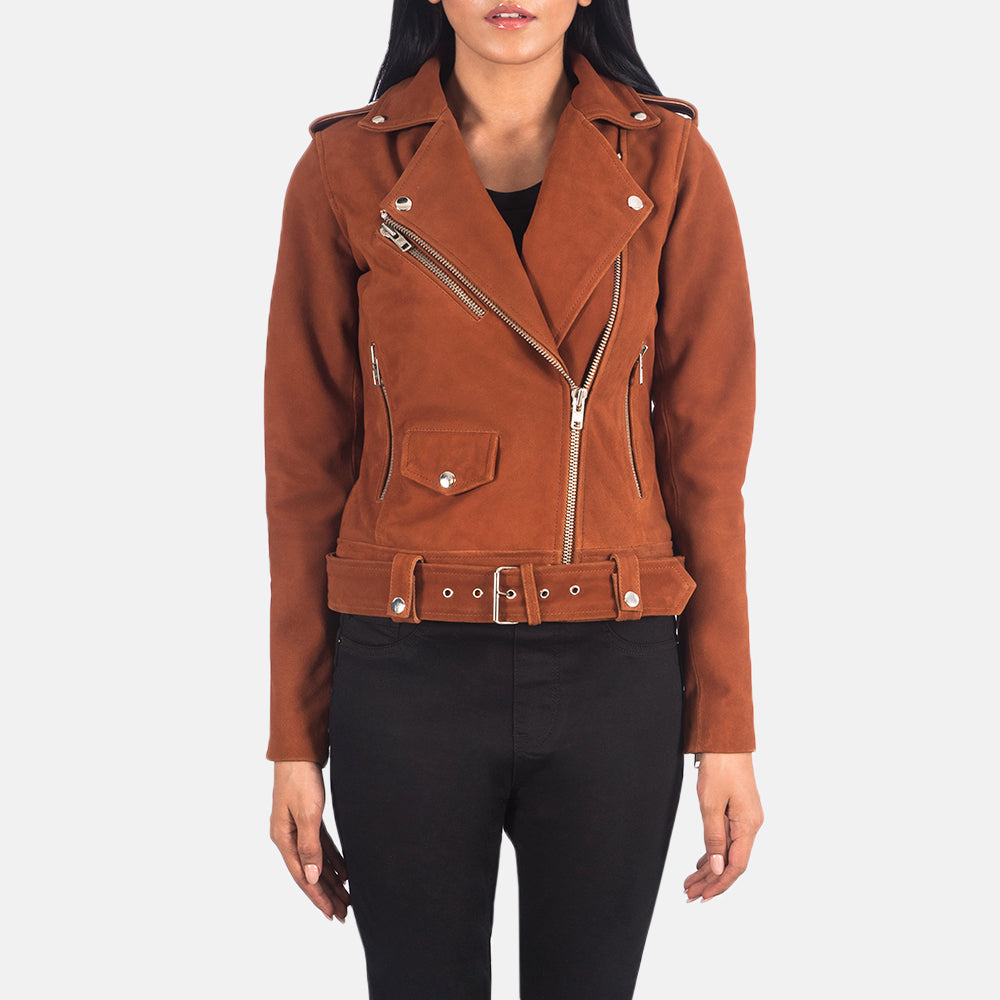 Women's Alison Brown Suede Biker Jacket in Brown Goatskin Suede - Front Profile View & Tailored Silhouette | Buy Online