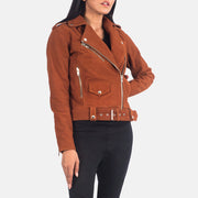 Close-Up Detail of Notch &amp; Zipper Hardware on Women's Alison بني Suede جاكيت بايكر جلد نسائي