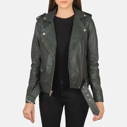 Women's Alison Green Leather Biker Jacket in Green Sheepskin Leather - Front Profile View & Tailored Silhouette | Buy Online