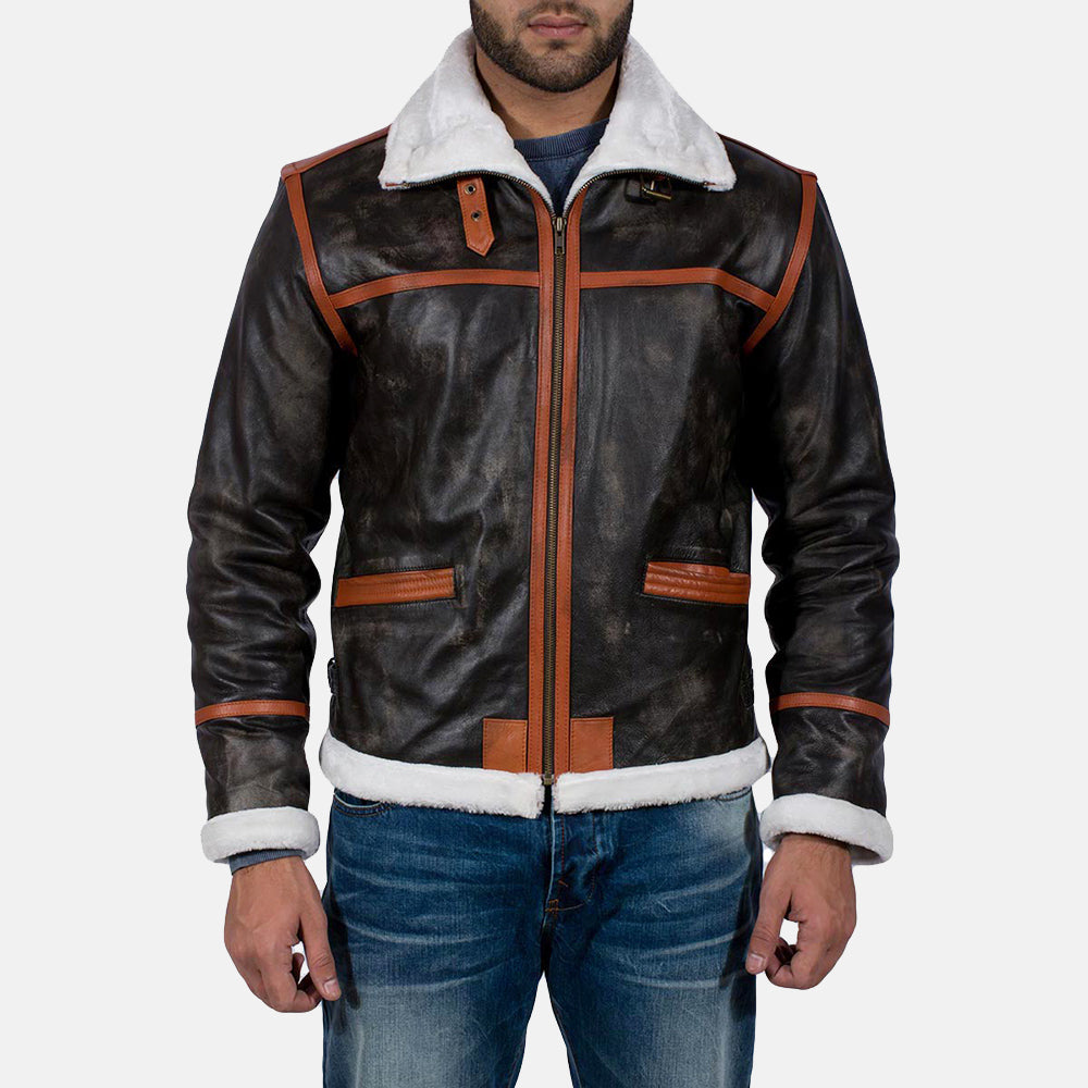 Men's Alpine بني Fur جاكيت جلد رجالي in Distressed Brown Goatskin Leather - Front Profile View &amp; Tailored Silhouette | Buy Online