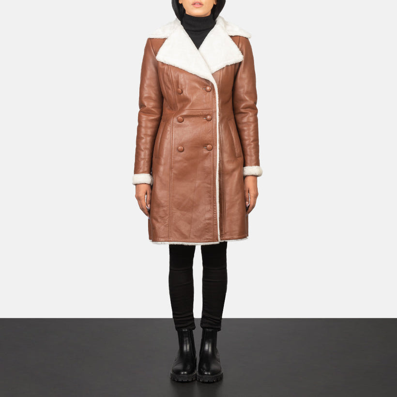 Amie بني Double-Breasted Shearling معطف جلد نسائي