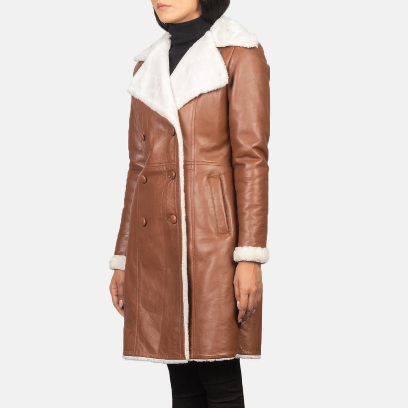 Amie بني Double-Breasted Shearling معطف جلد نسائي