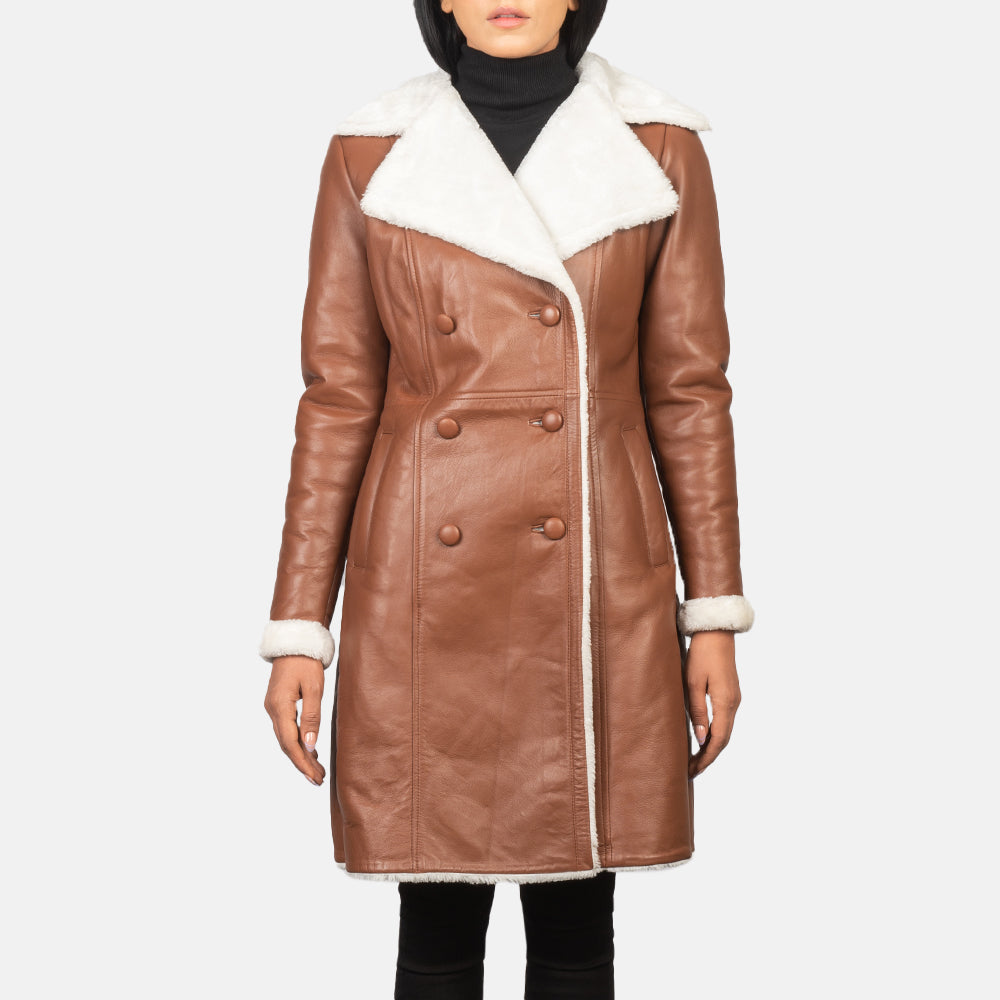 
تفاصيل مقربة of Notch & Leather Buttons Hardware on Amie Brown Double Breasted Shearling Coat