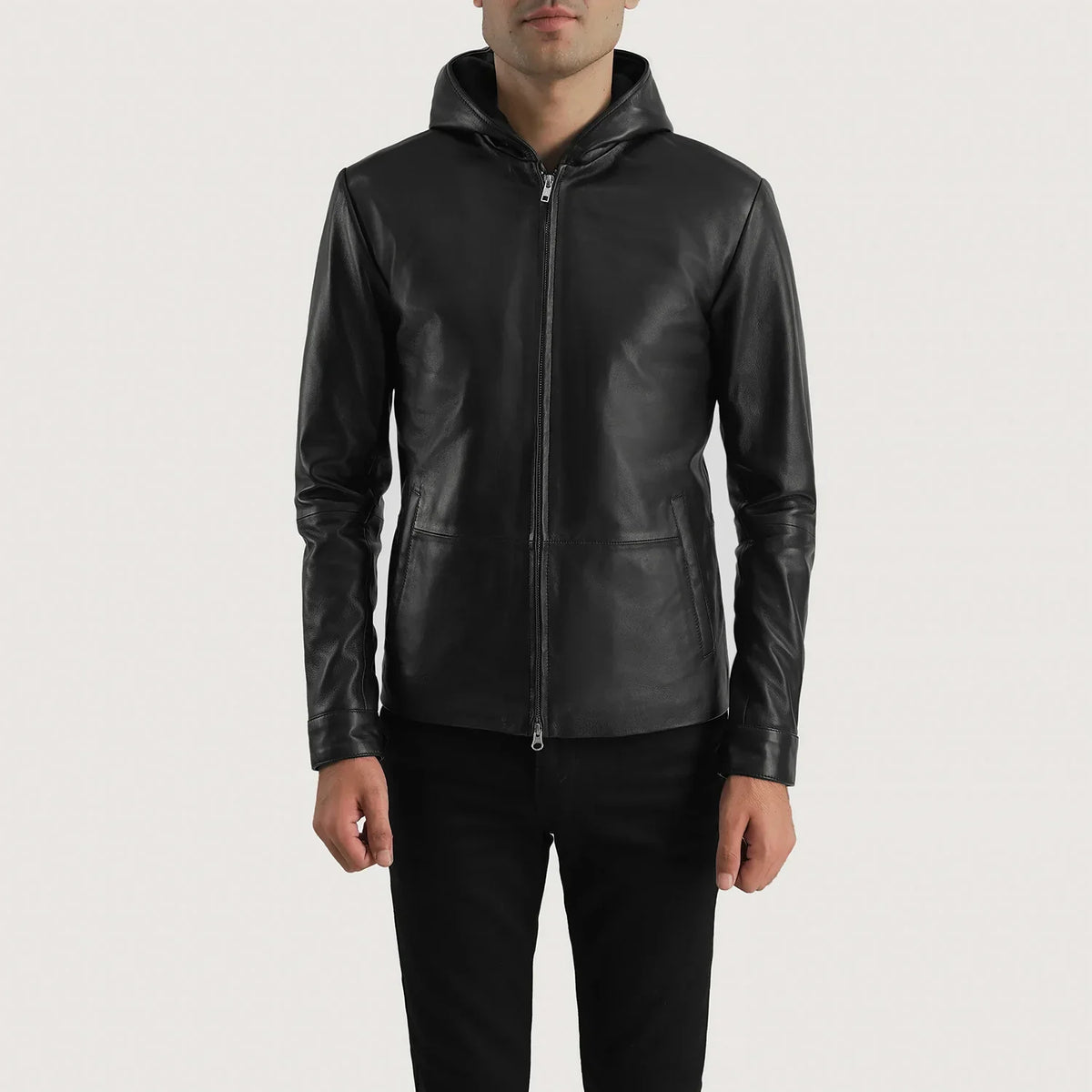 Men's Andy Matte أسود Hooded جاكيت جلد رجالي in Matte Black Sheepskin Leather - Front Profile View &amp; Tailored Silhouette | Buy Online