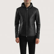 Men's Andy Matte أسود Hooded جاكيت جلد رجالي in Matte Black Sheepskin Leather - Front Profile View &amp; Tailored Silhouette | Buy Online