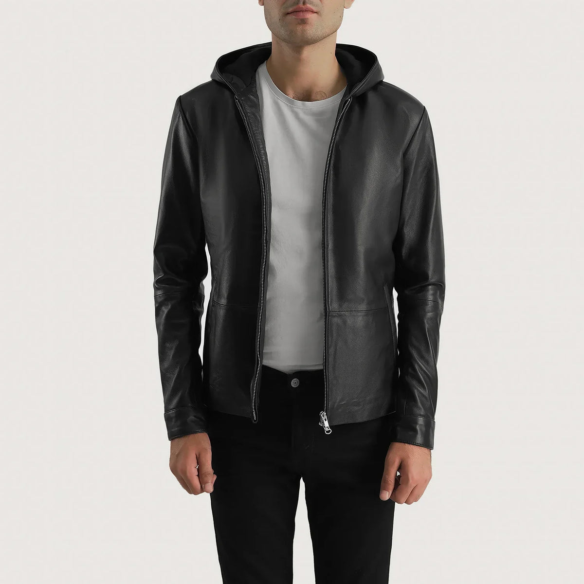 Men's Andy Matte أسود Hooded جاكيت جلد رجالي - Lateral Side Profile View Showing Sleeve Cut &amp; Athletic Taper Fit