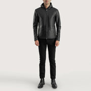 Close-Up Detail of Hooded &amp; Zipper Hardware on Men's Andy Matte أسود Hooded جاكيت جلد رجالي