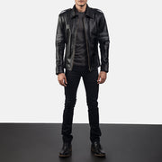 Armstrong أسود جاكيت بايكر جلد رجالي - Lateral Side Profile View Showing Sleeve Cut &amp; Athletic Taper Fit