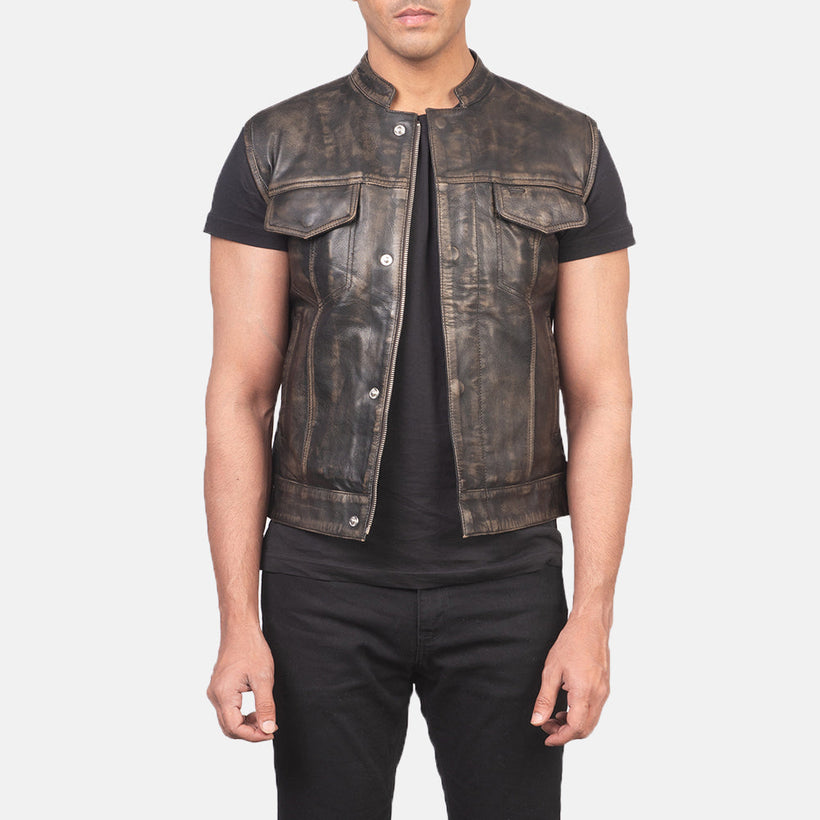 Atlas Moto Distressed بني صديري جلد رجالي