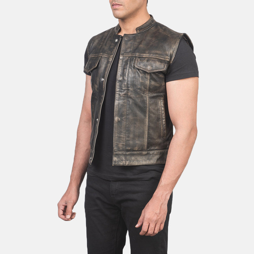 Atlas Moto Distressed بني صديري جلد رجالي