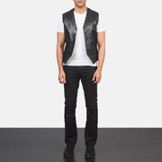 Men's Auden أسود صديري جلد رجالي - Lateral Side Profile View Showing Sleeve Cut &amp; Athletic Taper Fit