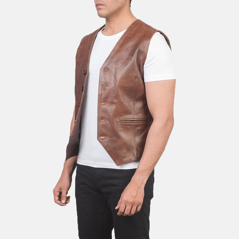 Brown Cowhide leather Vest - Back View Showing Tailored Shoulder Fit &amp; Clean Hemline