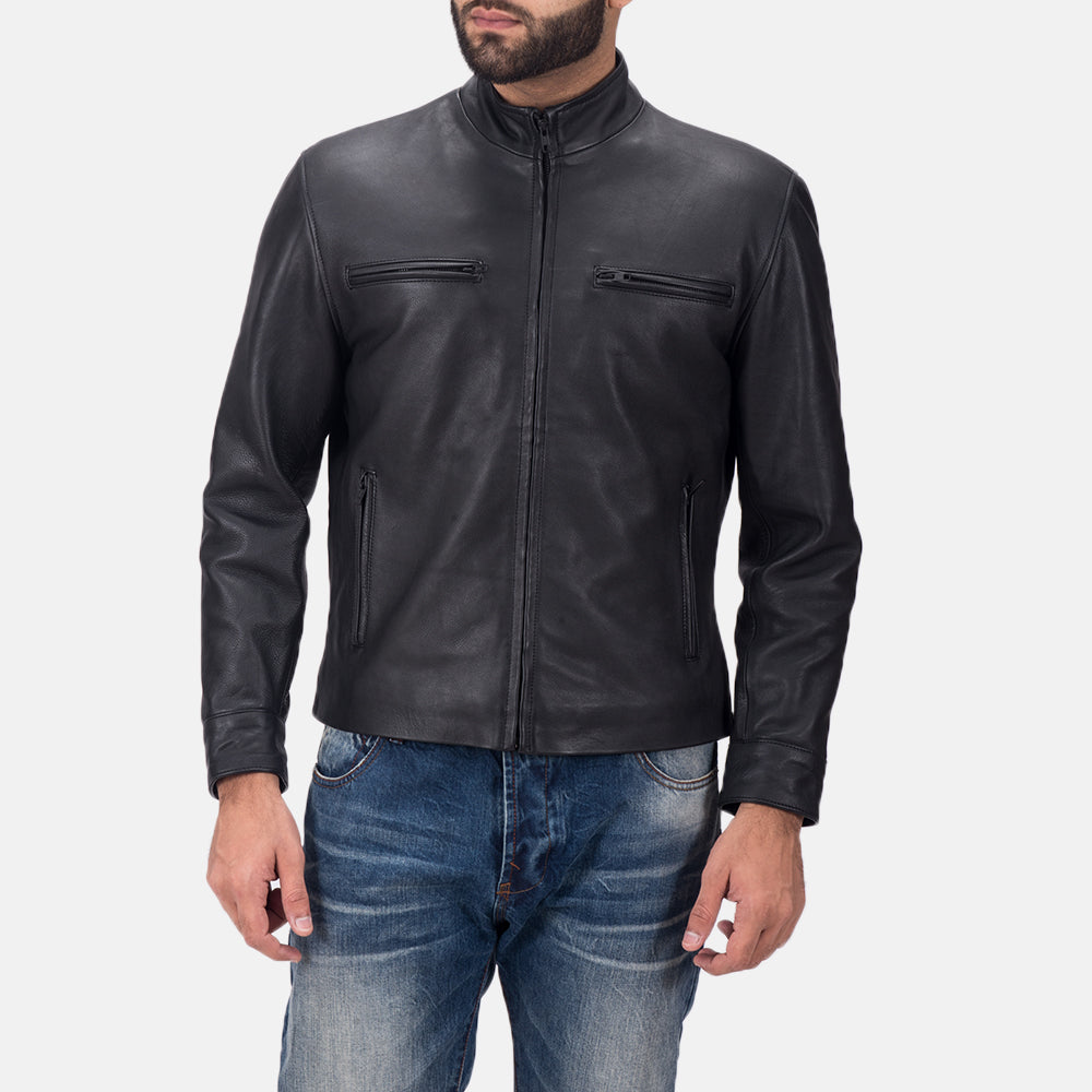 Austere Matte أسود جاكيت بايكر جلد رجالي in Black Calfskin Matte - Front Profile View &amp; Tailored Silhouette | Buy Online