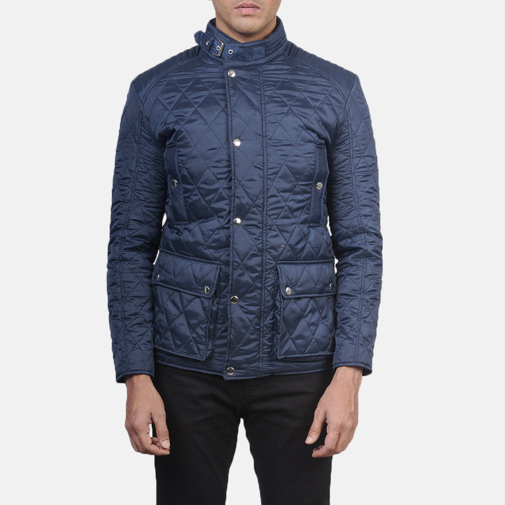 Men's Barry مبطن أزرق Windbreaker جاكيت جلد رجالي - Lateral Side Profile View Showing Sleeve Cut &amp; Athletic Taper Fit
