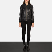 Women's Bliss أسود جاكيت بومبر جلد نسائي - Lateral Side Profile View Showing Sleeve Cut &amp; Athletic Taper Fit