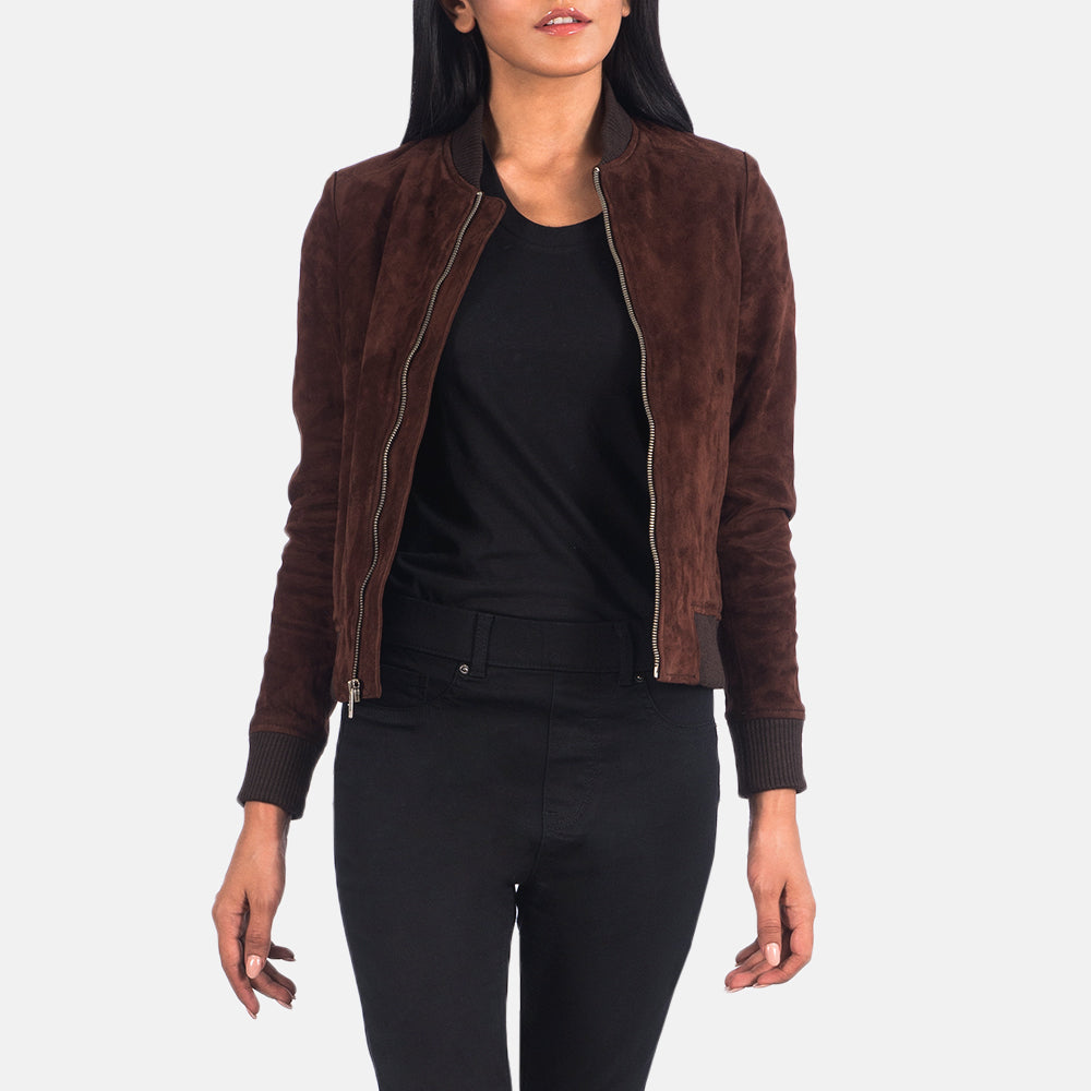 Women's Bliss بني Suede جاكيت بومبر جلد نسائي in Brown Goatskin Suede - Front Profile View &amp; Tailored Silhouette | Buy Online
