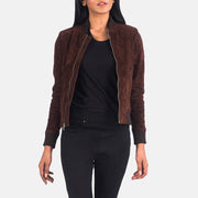 Women's Bliss بني Suede جاكيت بومبر جلد نسائي in Brown Goatskin Suede - Front Profile View &amp; Tailored Silhouette | Buy Online